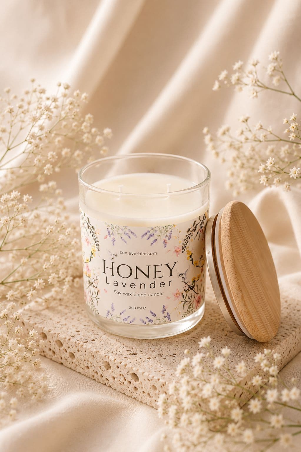 Honey Lavender Clear 250ml dengan tutup kayu di samping jar