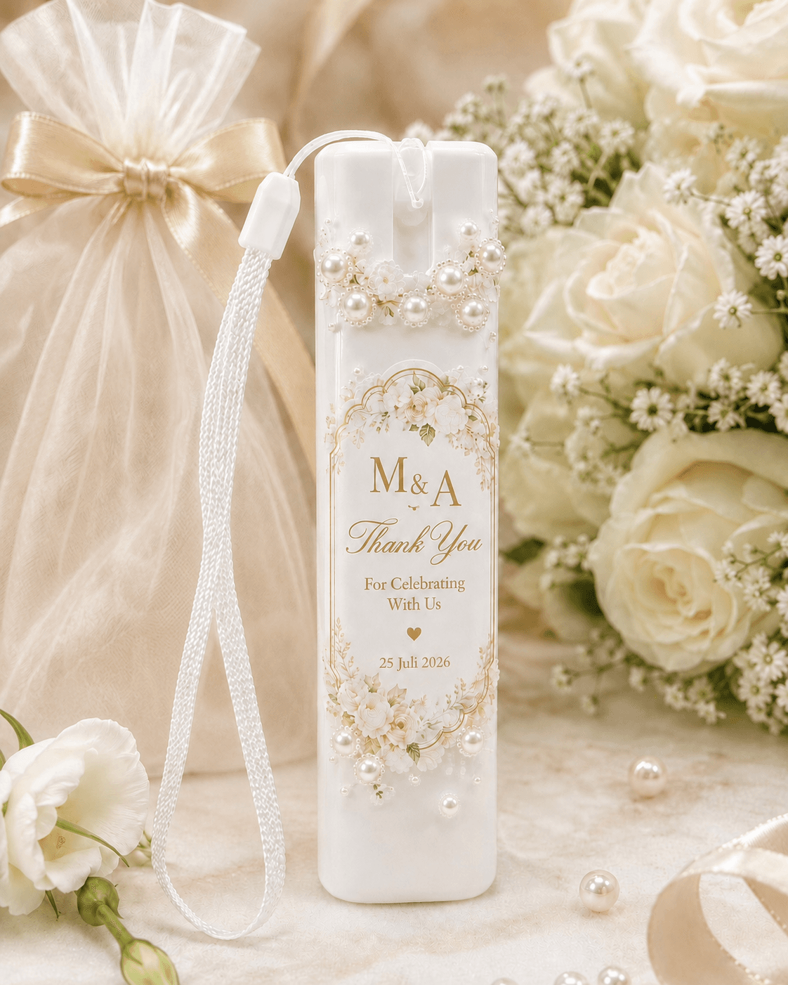 Zoe Signature Hand Sanitizer souvenir dengan label floral dan dekorasi mutiara